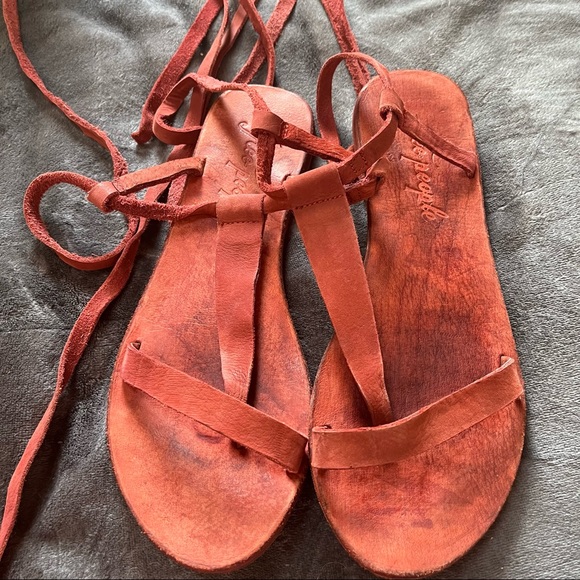 Free People red Dahlia lace up sandal / scarlet clay gladiator strap sandals - Picture 8 of 14